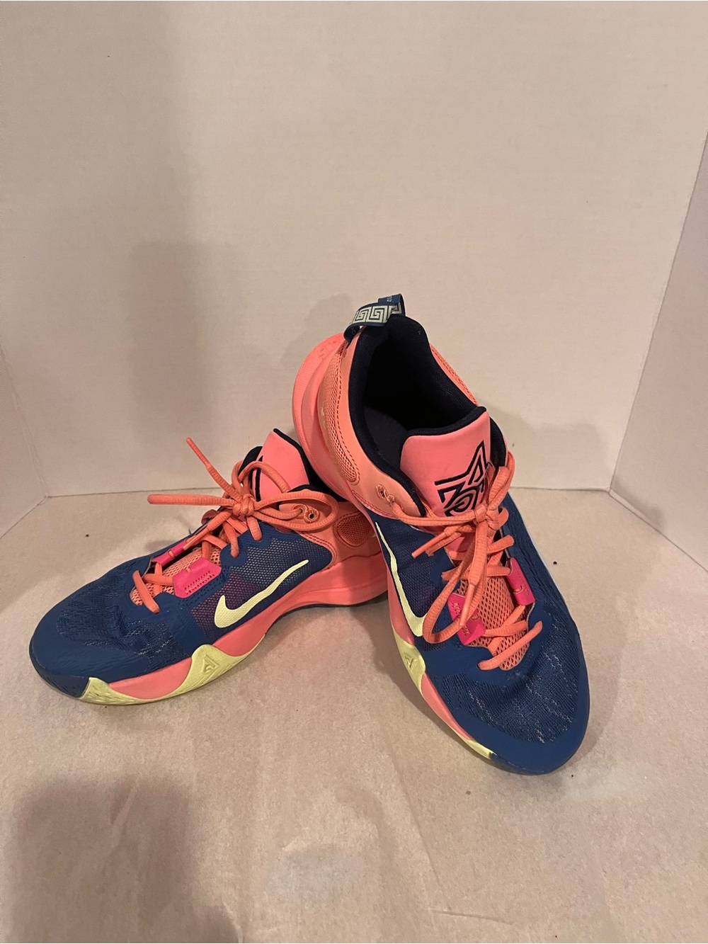 Nike Kids Navy Blue and Coral Athletic Sneakers with Neon Yellow Accents